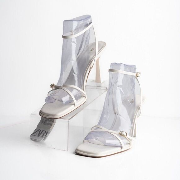 Zara Womens Crossed Strap Heels Sandals White Leather 2337/110 US 9 EU 40 NWT - Picture 1 of 8